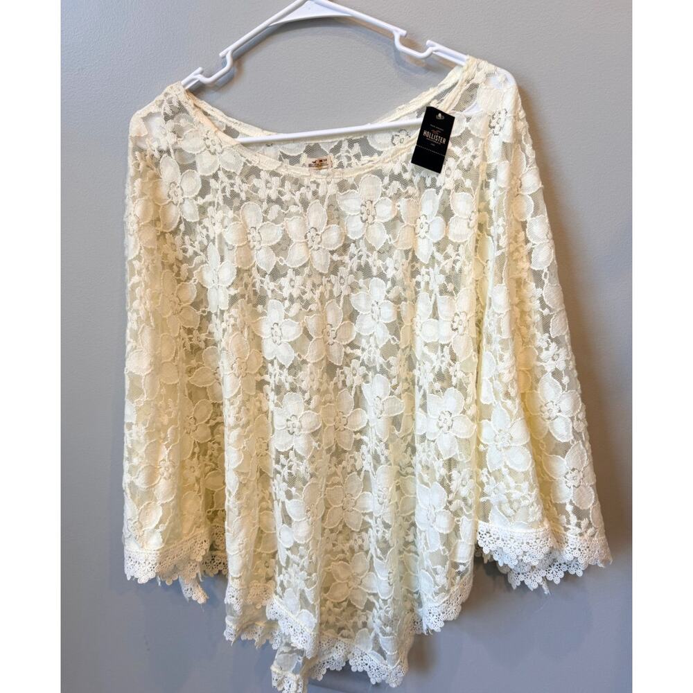 Hollister Floral Lace Poncho Top Cream Ivory Sheer Scalloped Hem One Size